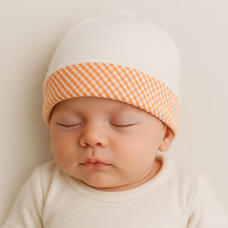 Bonnet de Naissance en Coton Bio Blanc et Vichy – Image 2
