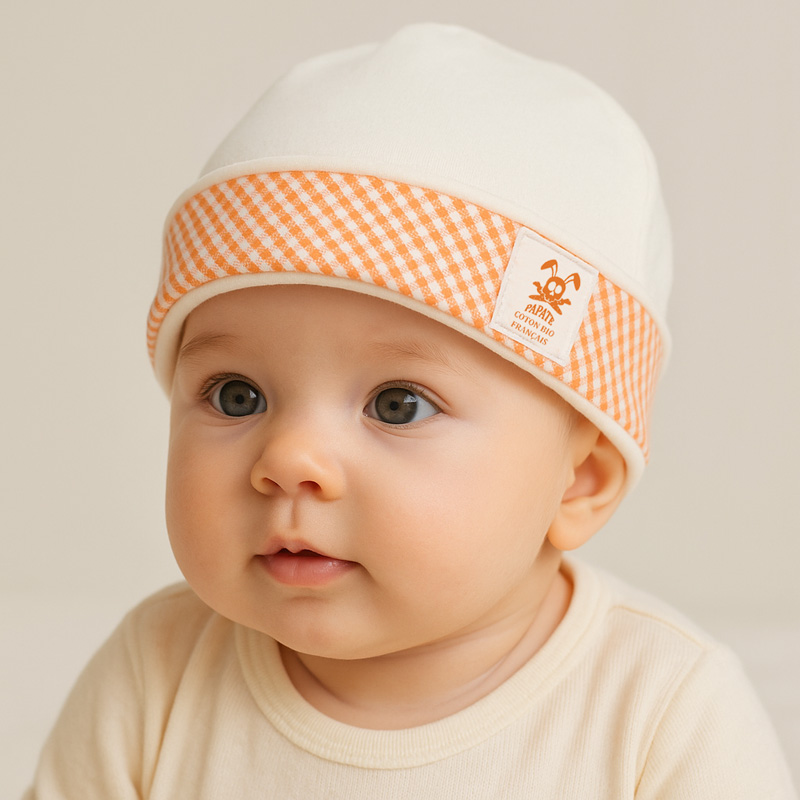 Bonnet de Naissance en Coton Bio Blanc et Vichy – Image 4